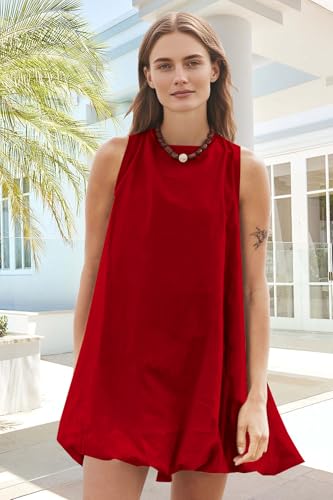 Image of COCOMARTS Dress for Women Summer Casual Linen Mini Dresses Sleeveless Crew Neck Bubble Keyhole Tie Back Vacation Sundress