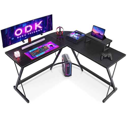 ODK L-förmiger Schreibtisch, Computertisch, Bürotisch mit runder Ecke, Gaming-Tisch mit Monitorablage, 127 x 127cm, Schwarz