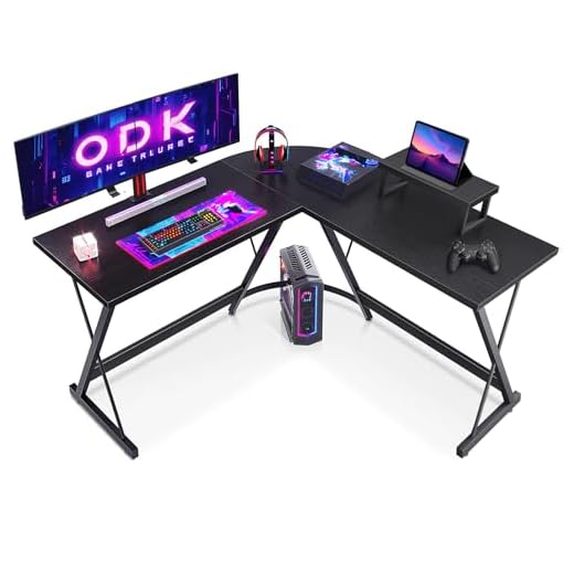 ODK L-förmiger Schreibtisch, Computertisch, Bürotisch mit runder Ecke, Gaming-Tisch mit Monitorablage, 127 x 127cm, Schwarz