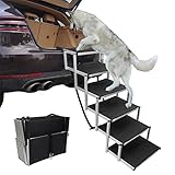RAMPE DE ANIMAL DOMÉSTICO PORTABLE - Esta escalera de acordeón pesa menos de 10 libras y es portátil en todas partes. Se pliega para un almacenamiento cómodo. Las esponjas de espuma se colocan en la parte delantera y lateral del coche para evitar el deslizamiento y proteger el coche.