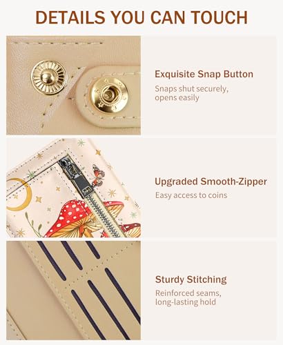 Image of Immaturus Mushroom Womens Wallet, Slim Thin RFID Blocking Card Wallets, Bifold PU Leather Credit Card Holder Organizer, Cute Cash Clutch Long Billfold with Zipper Coin Pocket Ladies Girls Gift