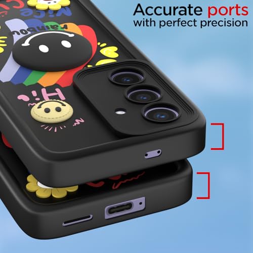 Image of Pikkme Back Cover for Samsung Galaxy S24 5G | Soft Silicone| Cute Rainbow Smile & 3D Cartoon Flower Design | Shockproof Raised Camera Protection Bumper Case (Black)