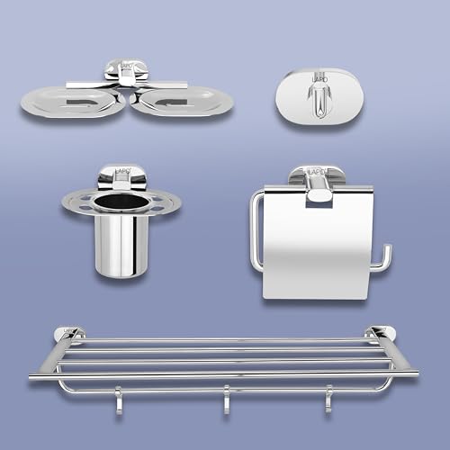 Image of LAPO 304 Stainless Steel Combo Bathroom Accessories Set (24 inch Towel Rack,Double Soap Dish,Paper Holder,Tumbler Holder, Towel Robe Hook) Bathroom Accessories- (Kik- 5 Piece Combo Set,Chrome Finish)