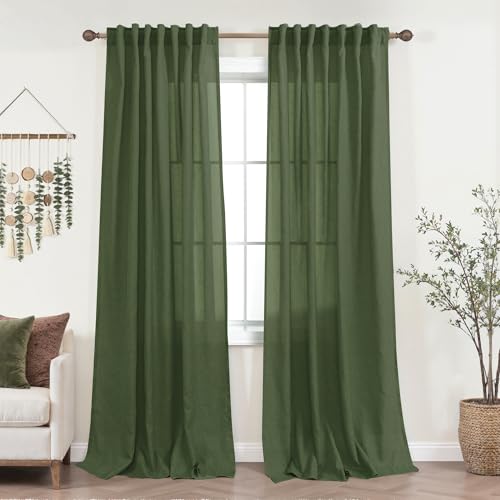 KOUFALL Olive Green Curtains 84 Inch Length 2 Panels Set,Boho Back Tab Semi Sheer Dark Academia Moody Linen Curtains 84 Inches Long for Living Room Bedroom,Moss Green