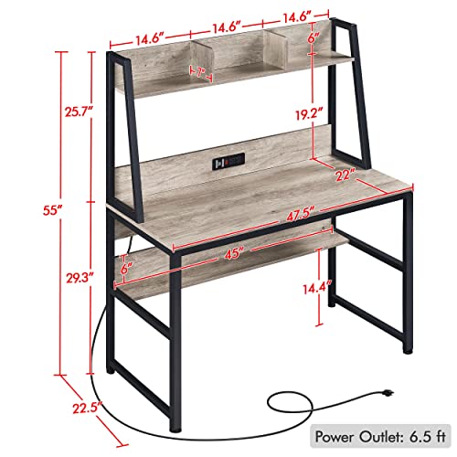 Image of Yaheetech Home Office 47 Inch Writing Desk with Power Outlets and 2 USB Charging Ports for Studying, Gaming Table Computer Desk with Hutch and Bookshelf, Metal Frame Workstation for Office, Gray