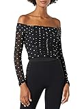 Guess Damen Long Sleeve Sophia Off The Shoulder Top Hemd, Schwarze und weiße kleine Punkte, Mittel