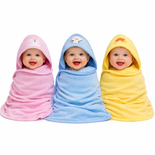 Image of First Kick Baby Blanket Newborn Polar Fleece Hooded Blanket with Premium Embroidery, 200 GSM All-Weather Newborn Wrapper, White Piping Stitch, 24 x 30 Inches, 0-6 Months, Pink, Sky, Mango