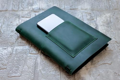 KISSKI Small A5 Travelers Notebook Cover, Refillable Leather Journal Cover for 5.5 x 8.5 Inserts, Personal Planner Organizer Case for Writing/Diary, 6 x 9 in with Pocket, Gift for Women Men, Green by KISSKI - Used condition - Image 3