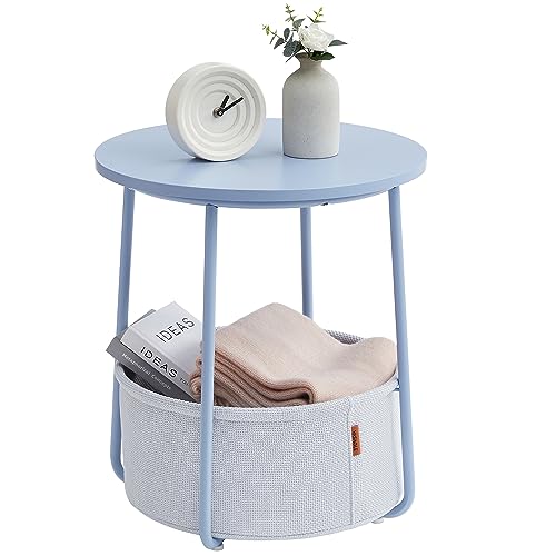 VASAGLE Mesa Auxiliar, Mesa Lateral Redonda con Cesta de Tela, Espaciosa, para Salón, Dormitorio, Mesita de Noche, Estilo Moderno, Azul Pálido y Azul Hielo LET223Q62