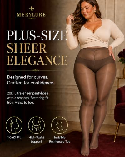 Image of MERYLURE Plus Size Sheer Tights for Women,20D Control Top Pantyhose Reinforced Toes High Waist Stockings 3 Pairs 1XL-6XL