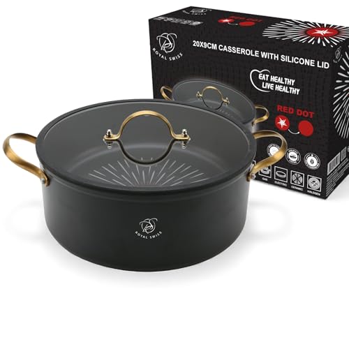 Royal Swiss Cacerola de 24 cm, apta para inducción, mármol antiadherente, sartén de aluminio, tapa de silicona con válvula de vapor, asas Cool Touch, color negro
