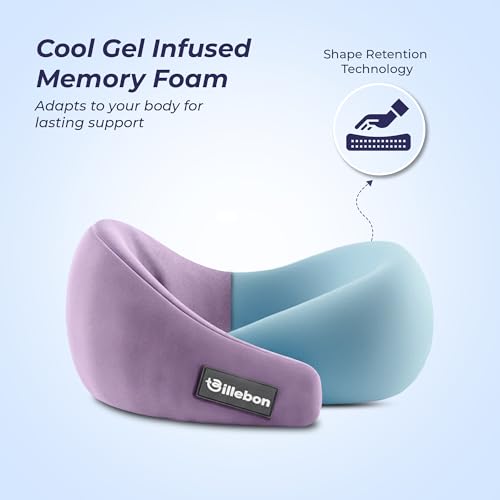 Image of Billebon Gel Infused Memory Foam Neck Pillow, Travel Pillow with Adjustable Velcro Straps, Neck Pillow for Travelling & Flight Travel, Ergonomic Support for Comfort & Pain Relief(Lavender Combo)