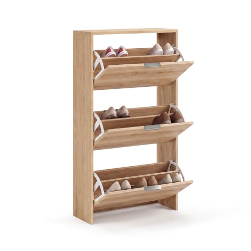 duehome | Zapatero Remi de 3 Puertas Abatibles, Mueble Zapatero Estrecho con Tiradores Metálicos, Acabado en Roble Canadian, Medidas: 60 cm (Largo) x 113 cm (Alto) x 22 cm (Fondo)