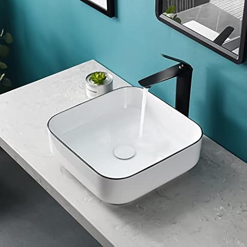 Tysun Vessel Sink Square, 15'' x 15'' Bathroom Vessel Sink, Small White Ceramic Porcelain Bathroom Sink Above Counter Vanity Sink Art Basin for Bathrooms Cover