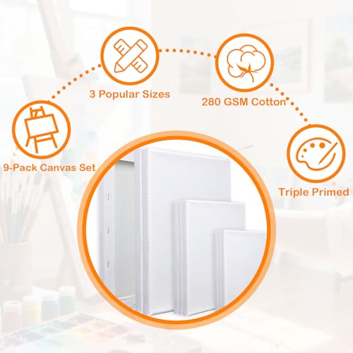 Leinwand Set zum Bemalen, 9 Keilrahmen Leinwände in 3 Größen 10x15, 15x20, 20x30 cm, 280 g/m², 3-fach grundiert, säurefreie Baumwolle, für Acryl, Öl, Gouache, Künstler & Anfänger