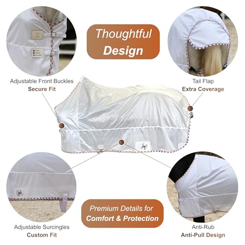 Image of BARN & STABLE Breathable and UV Protective Tear-Resistant Mesh Horse Fly Sheet Comfy Equine Summer Sheet with Removable Web Leg Straps (White - Loose Fit, 69 in)