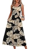 WIHOLL Beach Vacation Clothes for Women Sleeveless Scoop Neck Hawaiian Flowy Casual Midi Spring Summer Dresses for Women 2026 Black Leaf Sundresses Maxi Dresses for Seniors S