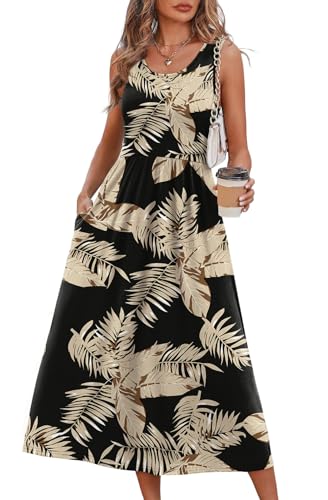 WIHOLL Beach Vacation Clothes for Women Sleeveless Scoop Neck Hawaiian Flowy Casual Midi Spring Summer Dresses for Women 2026 Black Leaf Maternity Maxi Dresses for Seniors L