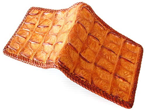 Julie Genuine Real Bone Crocodile Skin Leather Man Bifold Golden Tan Knit Edges Wallet3