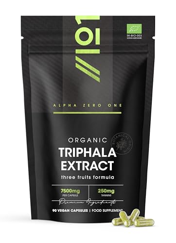 Organic Triphala Capsules 7500mg - Standardised 50% Tannins Extract (250mg per Cap) - 90 Count (3 Months Supply) - Resealable and Recyclable Pouch - By Alpha01