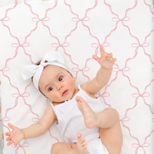 Image of 4 Pack Pink Bow Crib Sheet Set for Baby Girl, Soft Breathable Fitted Crib Sheet 28 x 52 in, Nursery Decor for Standard Crib and Toddler Bed Mattresses
