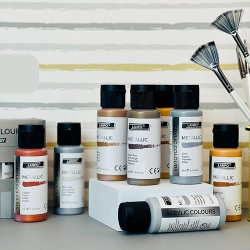 Image of 8 Metallic Acrylic Paint Set (60ml Each) | Rich Shimmer Artist Colours | Non-Toxic, Lightfast & Fast Drying Acrylic Paints for Canvas, Wood, Ceramic, Fabric, Metal, Rock Painting, DIY Art & Craft (Metalic Acrylic Paint 8 Piece Set)
