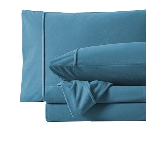 Flannel Sheets Queen Size Warm and Cozy Deep Pocket Breathable All Season Bedding Set with Fitted with Full Elastic & Built in Corner Sheet Straps, Flat and Pillowcases, Queen, Denim