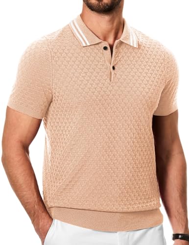 JMIERR Men Knit Polos Slim Fit Shirts Casual Shirts for Men Golf Short Sleeve Button Lightweight Shirt, Beige, Small