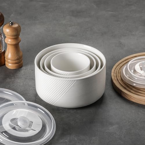 Ceramic Nesting Bowls with Lids: Mixing Bowls with Lids - Porcelain Food Storage Containers For Prep and Serving, Microwavable Kitchen Bowl Set of 4, 50/32/20/10 oz (White) - Thumbnail 5