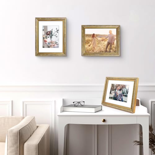 Image of Golden State Art,8.5x11 Ornate Picture Frame Holds 6x8 Photo,Vintage Gold | Includes plexiglass front,white mat,easel stand,build-in hangers and buttons.Displays 6x8 photo on wall or tabletop