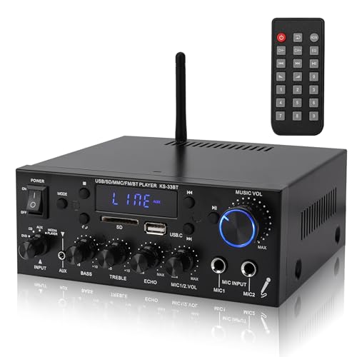 1000W Mini Amplificateur stéréo Bluetooth 5.0 Amplificateur d'alimentation audio, système de récepteur audio stéréo sans fil à deux canaux avec ou sans USB, SD, AUX