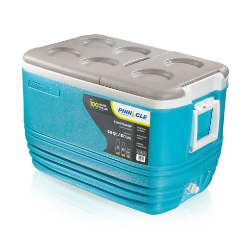 Image of Pinnacle Eskimo 57L Large Chiller Ice Box| Fits 80 cans| Holds Ice Upto 100 hrs| Insulated Portable Cooler IceBox with Two-Way Open Lid, Drain Tap, Drink Holder| Perfect for Car Travel,Sport (Hydra)