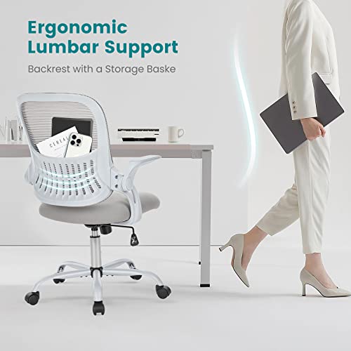 Image of DUMOS Office Computer Desk Chair, Ergonomic Mid-Back Mesh Rolling Work Swivel Task Chairs with Wheels, Comfortable Lumbar Support, Comfy Flip-up Arms for Home, Bedroom, Study, Student, Grey