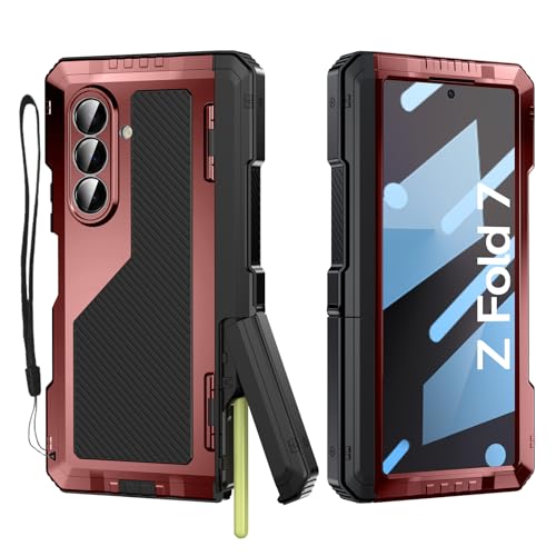 Libeagle for Samsung Galaxy Z Fold 7 Case with S Pen Holder, Metal Bumper Premium Rugged Heavy Duty Shockproof Protective, Screen Protector, Hinge Protection, Rugged Phone Stand Cover 5G, Red