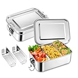 Homikit Brotdose mit Fächern, 2 Stück Edelstahl Bento Box Lunchbox für Kinder & Erwachsene, Lunch Box Brotzeitdose mit Abnehmbar Trennwand, Auslaufsicher & Dichtungsring, 850ml+850ml