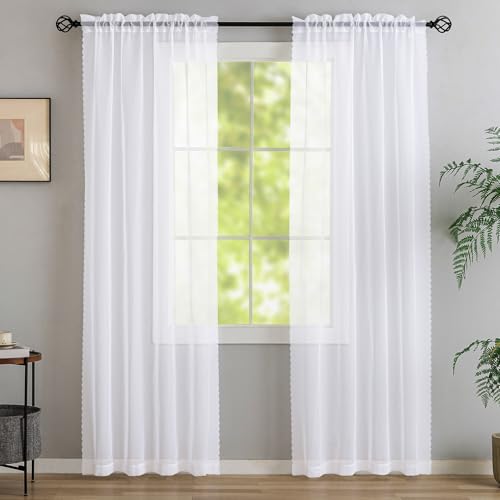 Image of MYSTIC-HOME White Sheer Curtains 108 Inches Long 2 Panels Tulle Window Panels for Bedroom 2 Panel Sets Rod Pocket Sheer White Curtains for Living Room Garden Yard 40 W x 108 L
