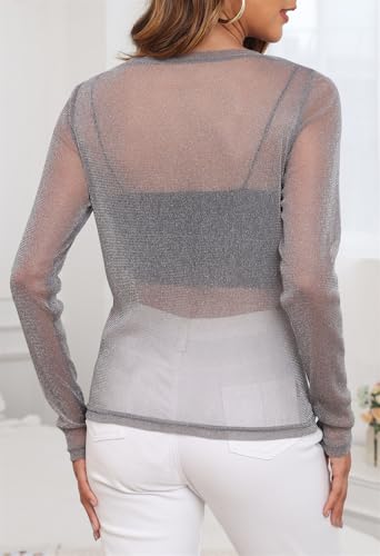 YVH Women Sheer Mesh Top Sexy Blouse for Layering, Club, Concert Outfits, Long Sleeve See Through Shirt Loose Fit (Sliver, X-Small) — view 6