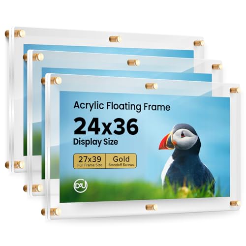Acrylic Floating Frames Gold Standoffs (3-Pack) 24" x 36" Clear Acrylic Frames for Wall Mount Floating Picture Frame, Diploma Poster Certificate Hanging Photo Display Degree Prints Artwork Documents