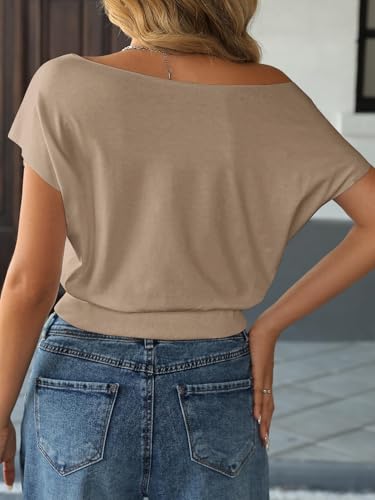Image of SOFIA'S CHOICE Women's One Shoulder Crop Cinched Waist Top Dolman Short Sleeve Crop Tops Khaki X-Large