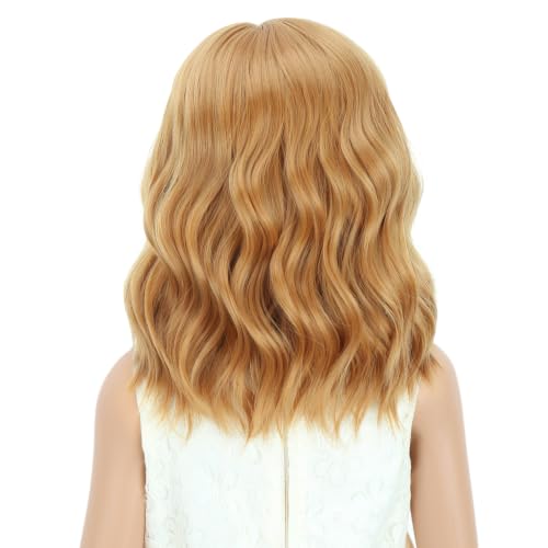 Image of PATTNIUM Strawberry Blonde Wig for Kids Child Short Curly Wavy Blonde Brown Wig Girl Side Part Shoulder Length Hair Synhhetic Wig