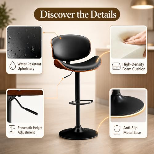 Image of Homall Swivel Bar Stools Set of 2, Counter Height Bar Chairs w /PU Leather Back, Adjustable Height & Footrest, Modern Upholstered Barstools for Kitchen Island Dining Room Bar, Black
