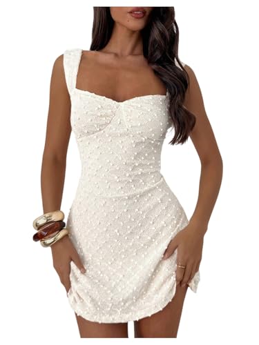 Image of GORGLITTER Women's Swiss Dots Bodycon Mini Tank Dresses Elegant Sweetheart Neck Sleeveless Birthday Wedding Guest Dress Apricot L