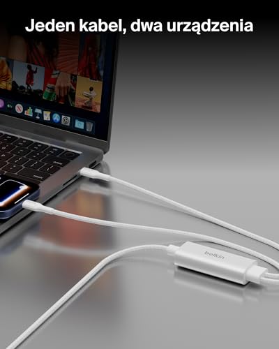 Belkin BoostCharge Pro Kabel Ładujący USB-C na USB-C 2 w 1 140 W, Podwójny Kabel w Oplocie do Szybkiego Ładowania z Funkcją Współdzielenia Mocy do MacBooka, iPhone’a, iPada, Samsunga, Pixela – Biały