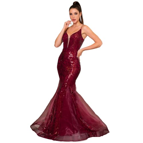 Image of Spaghetti Sequin Formal Dress Tulle Mermaid Floor Length Evening Night Party Gown