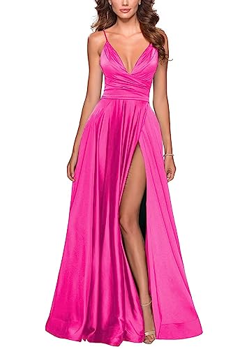 Image of Tvuyet Satin Bridesmaid Dresses with Slit Pleated A Line Spaghetti Straps Formal Prom Evening Gowns