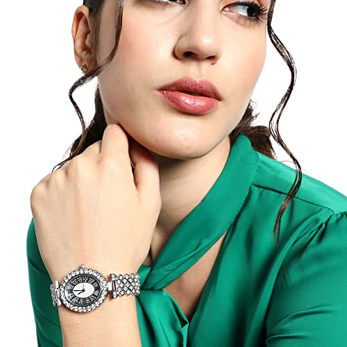 Image of Haute Sauce Women's Embellished Analog Dial with Stainless Steel Strap | Battery Power | Foldover Closure | Quartz Movement | Fashion Wrist Belt Watch for Female and Girls
