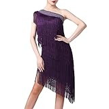 Women Sequin Tassel Fringe Flapper Dress 1920s Gatsby Asymmetrical One Shoulder Dance Dress Rhinestone Salsa Latin Ballroom Dance Costume Rhythm Tango Rumba Dress Roaring 20s Cocktail Dress Purple