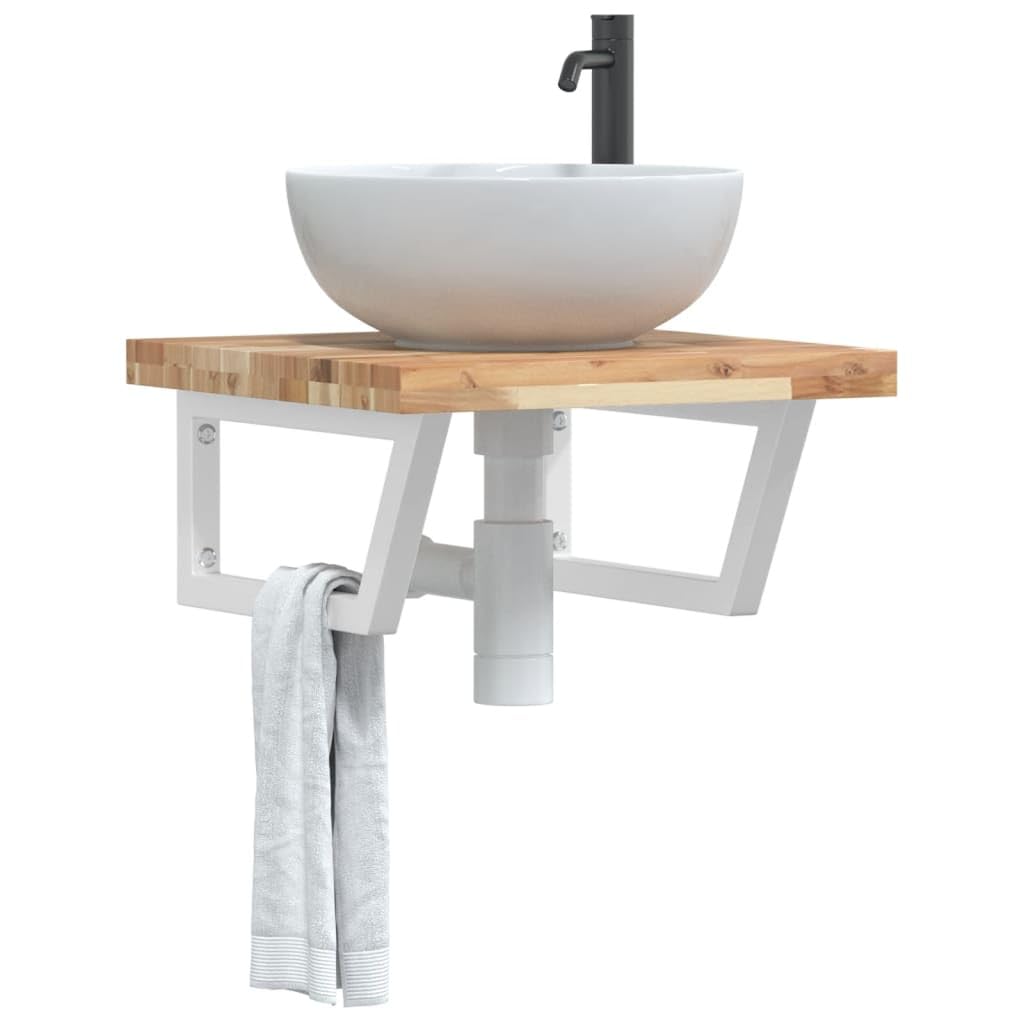 Estantería para lavabo de pared de acero y madera maciza de acacia, 50 x 50 cm, con soportes trapezoidales para armario de baño y ahorro de espacio en el lavadero