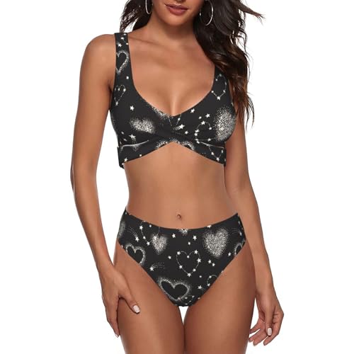 GONGTAOMO Star Heart Cute Black and White Womens High Waisted Bikini Sets-Sexy High Waisted Swimwear-V Neck Cheeky Bathing Suit