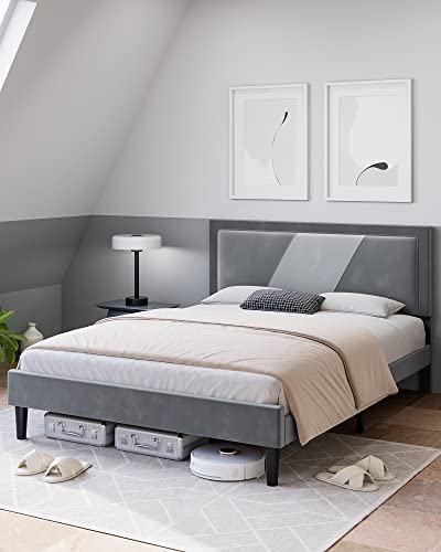 Homhougo King Bed Frame, Tufted Platform Bed Frame With Adjustable Height Headboard, Velvet Mix Color Upholstered Bed Frame, Light Grey #TOP2
